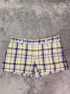 American Eagle Women's Madras Plaid Stretch Shorts Size 6 Blue Yellow Cotton